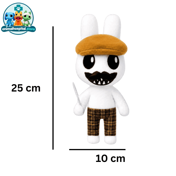 Barney white bunny plush with brown hat and plaid trousers