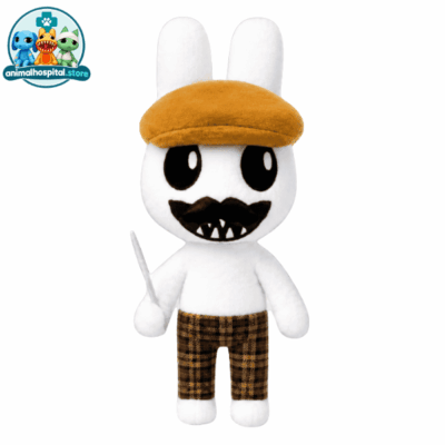 Barney white bunny plush with brown hat and plaid trousers