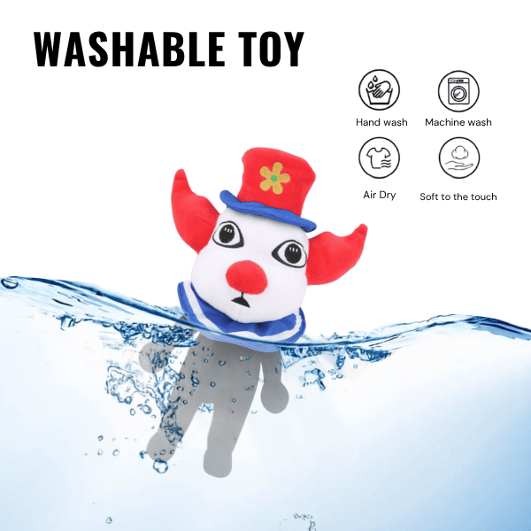 Clown plush toy with red hat and blue brim