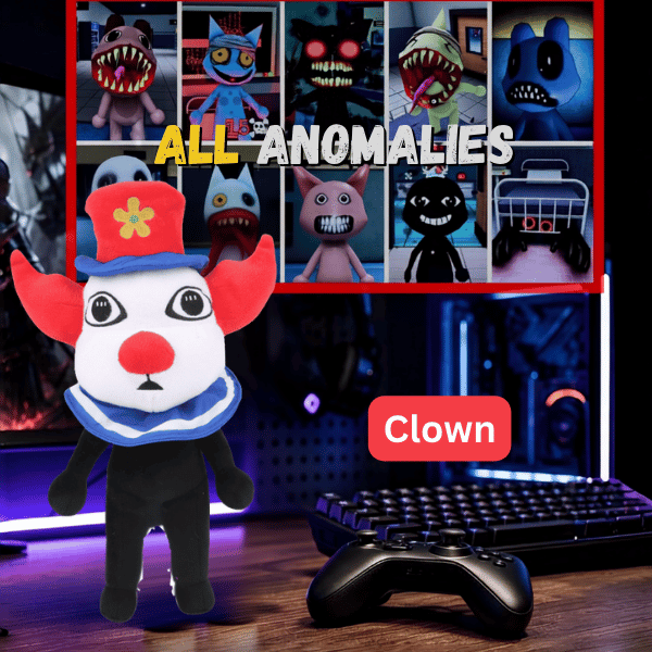 Clown plush toy with red hat and blue brim