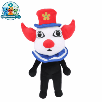 Clown plush toy with red hat and blue brim