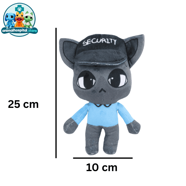 Security plush cat in a light blue security uniform