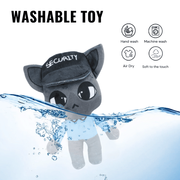 Security plush cat in a light blue security uniform