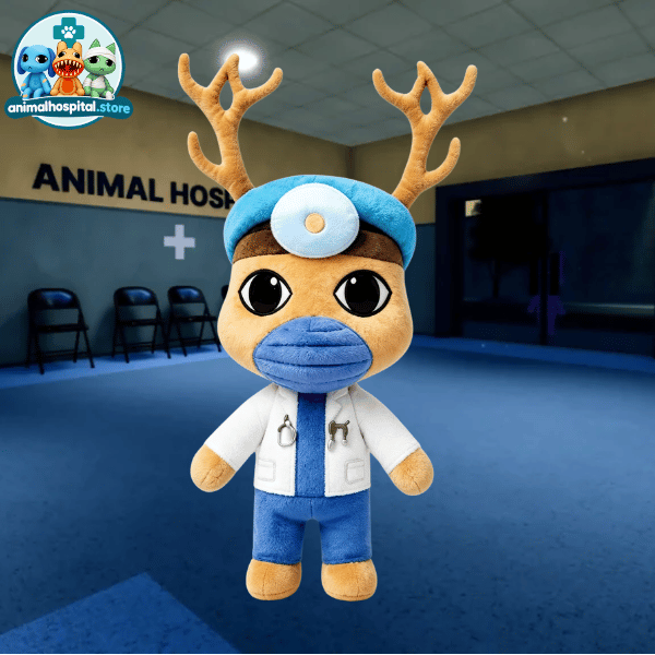 Dr. Harlow deer plush in blue cap and white medical coat