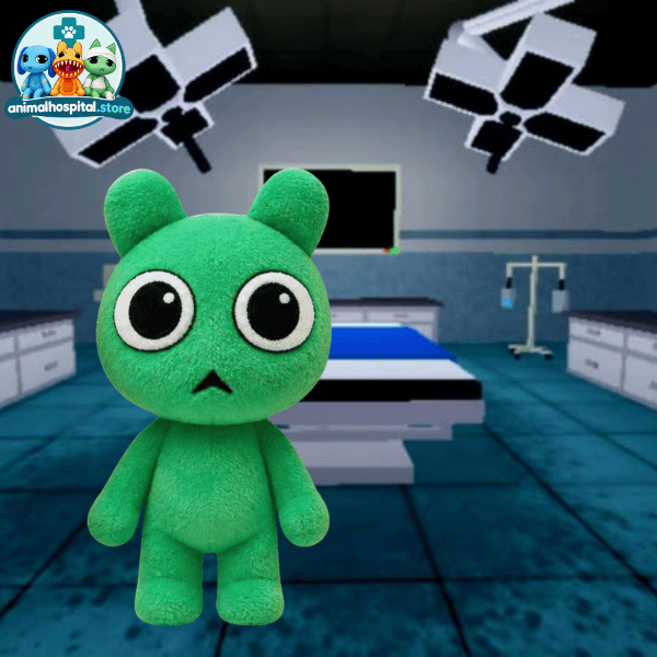 Green Drowsy Anomaly green bear plush with a small frown