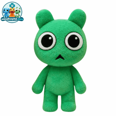 Green Drowsy Anomaly green bear plush with a small frown