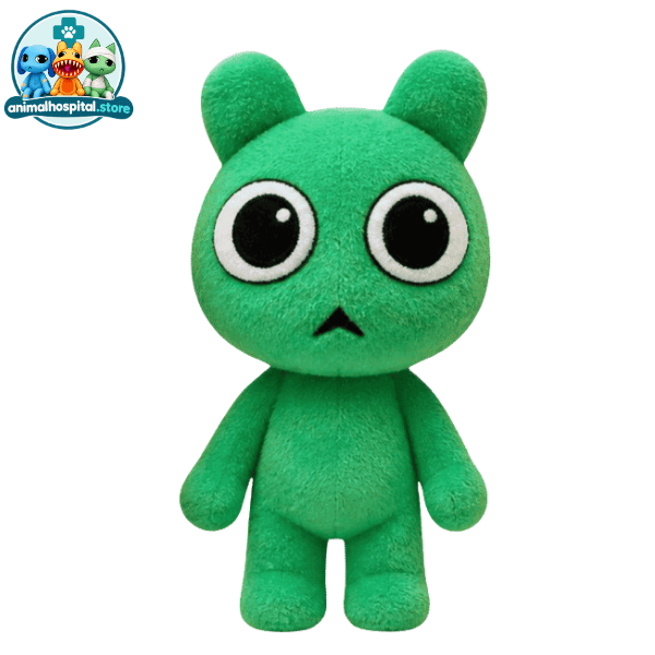 Green Drowsy Anomaly green bear plush with a small frown