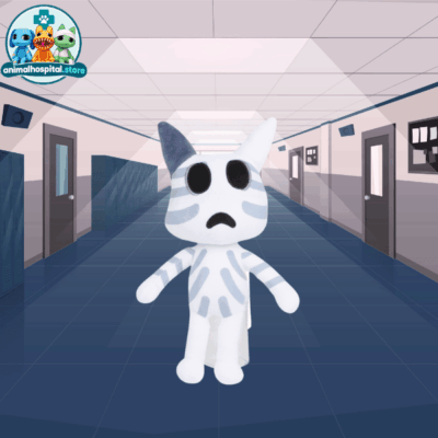 Head Banger white cat plush with blue headphones