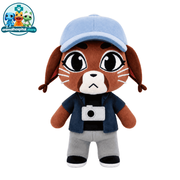 Liz Plush Liz brown dog plush in a blue cap with a camera