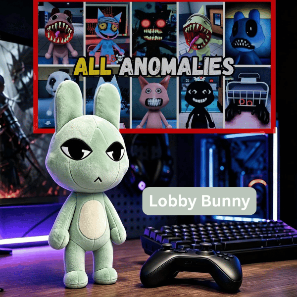Lobby Bunny (4) Lobby Bunny light green plush toy on display