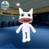 Mimic plush toy with a wide red toothy grin on a shelf