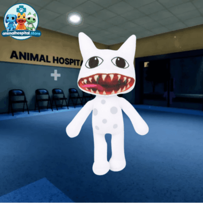 Mimic plush toy with a wide red toothy grin on a shelf