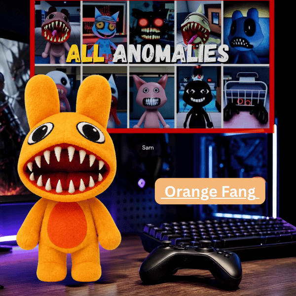 Orange Fang (4) Orange Fang Anomaly orange rabbit plush with a toothy grin