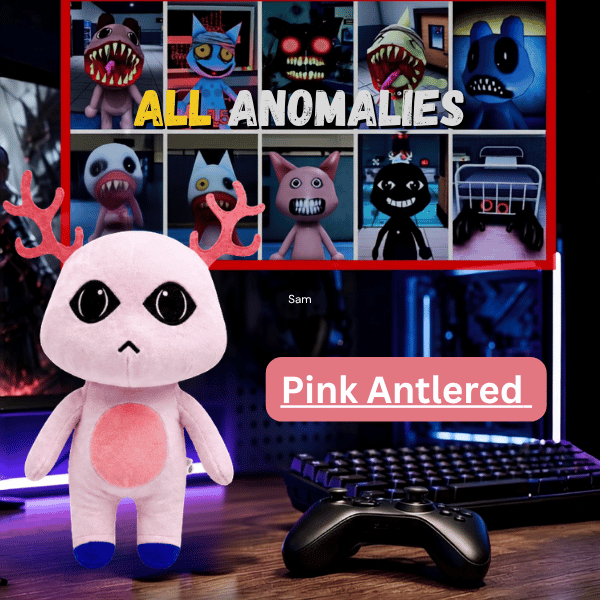 Pink Antlered Anomaly plush with pink antlers and blue feet