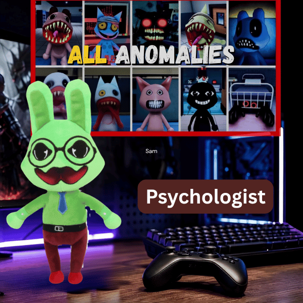 Psychologist green rabbit plush with round glasses