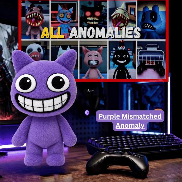 Purple Mismatched Anomaly (4) Purple Mismatched Anomaly plush toy with a wide grin