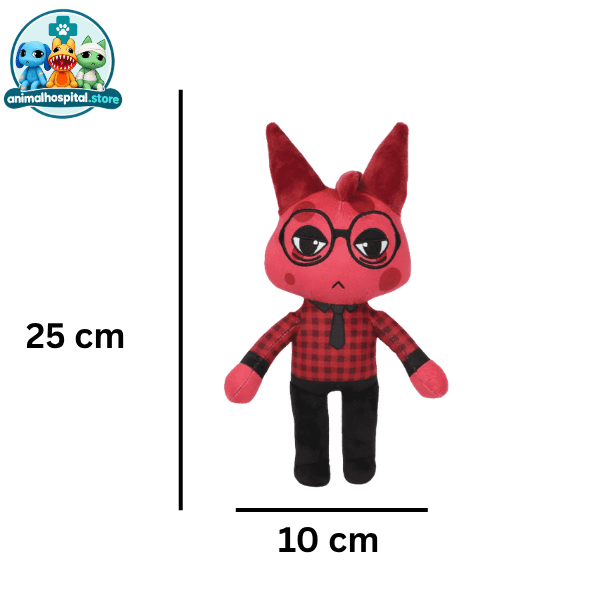 Red Ratthew plush in red plaid shirt and black trousers