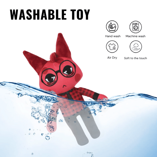 Red Ratthew plush in red plaid shirt and black trousers