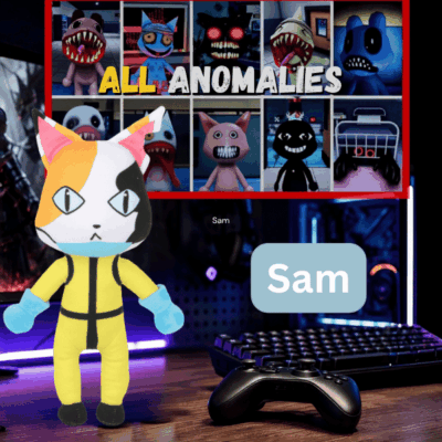 Sam plush toy with party hat and blue gloves
