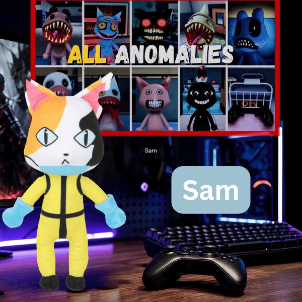 Sam plush toy with party hat and blue gloves