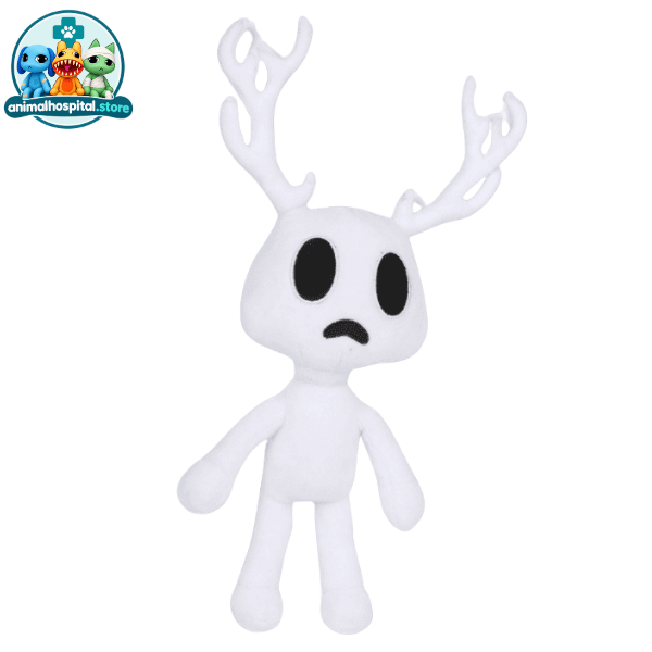 White Deer plush toy with dark eyes and antlers