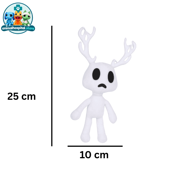 White Deer plush toy with dark eyes and antlers