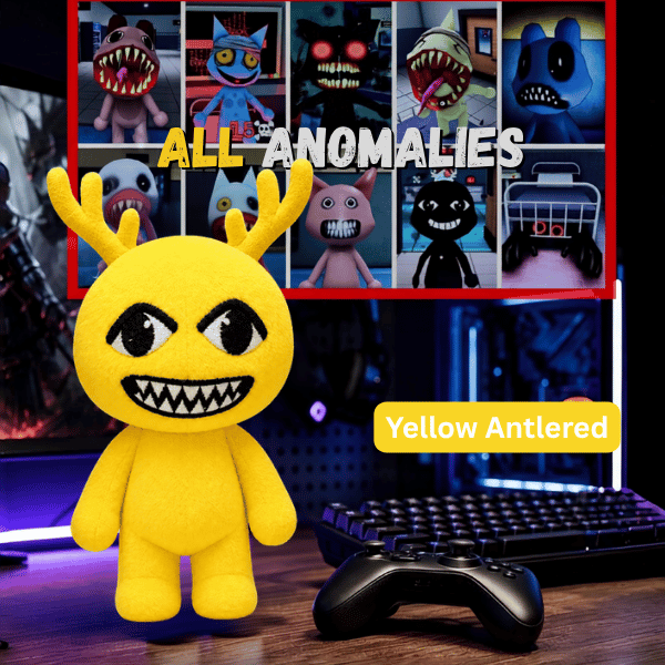 Yellow Antlered Anomaly plush with small antlers and a grin