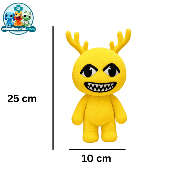 Yellow Antlered Anomaly plush with small antlers and a grin
