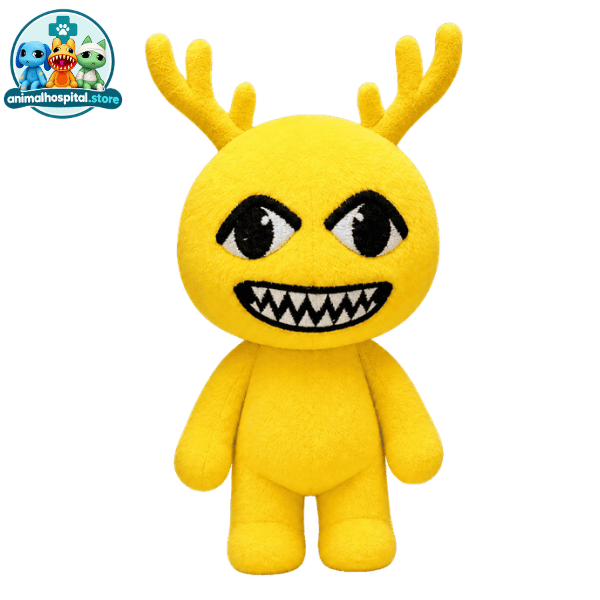 Yellow Antlered Anomaly plush with small antlers and a grin