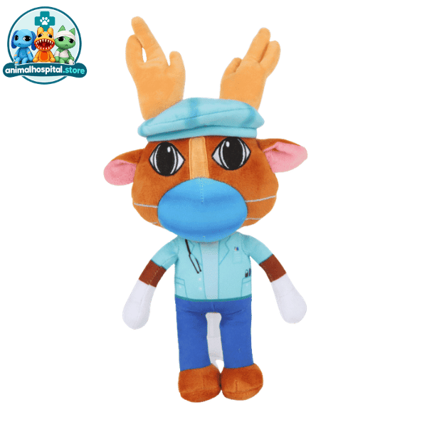 brown deerhumanoid Deer Surgeon plush deer in blue surgical scrubs and a mask